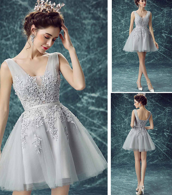 applique grey lace homecoming dresses
