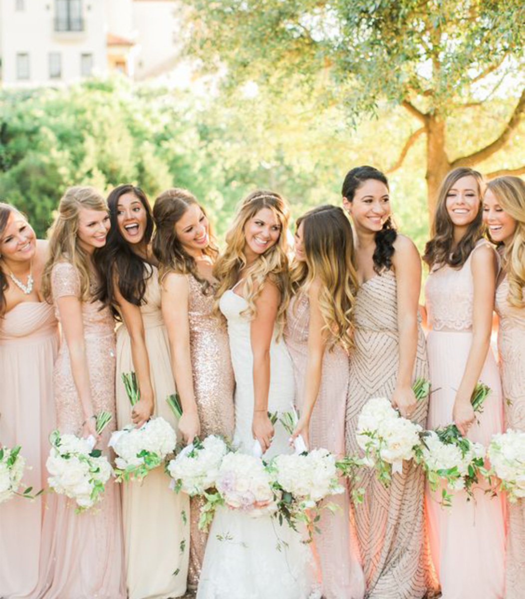 metalic blush pink mismatched bridesmaid dresses