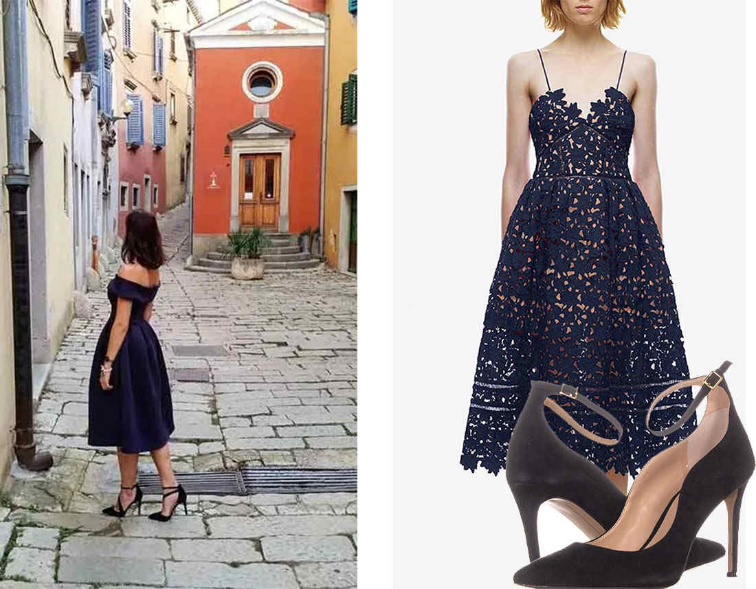 black ankle strap stilettos for t-length blue prom dress