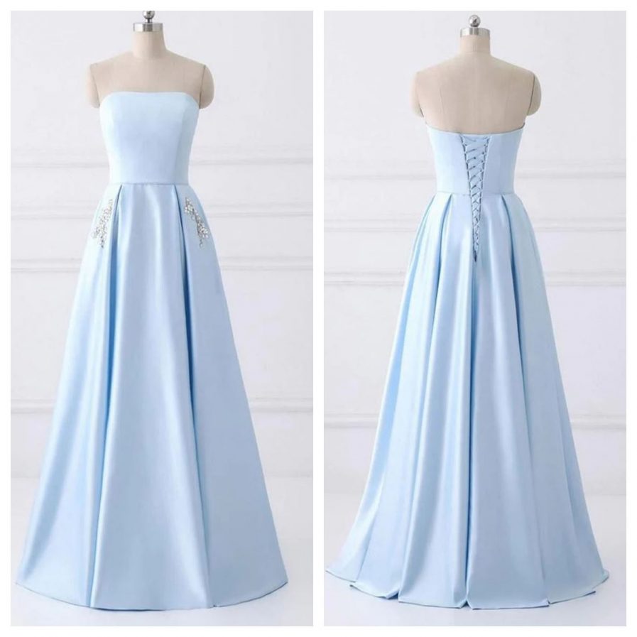 strapless satin prom dress