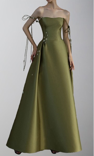 olive green mysterious prom gown with double straps