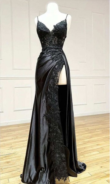 unique asymmetric black slit prom dress