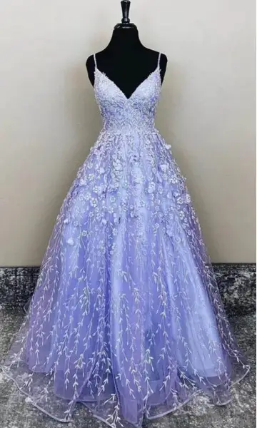 light purple appliqued long prom gown with strap