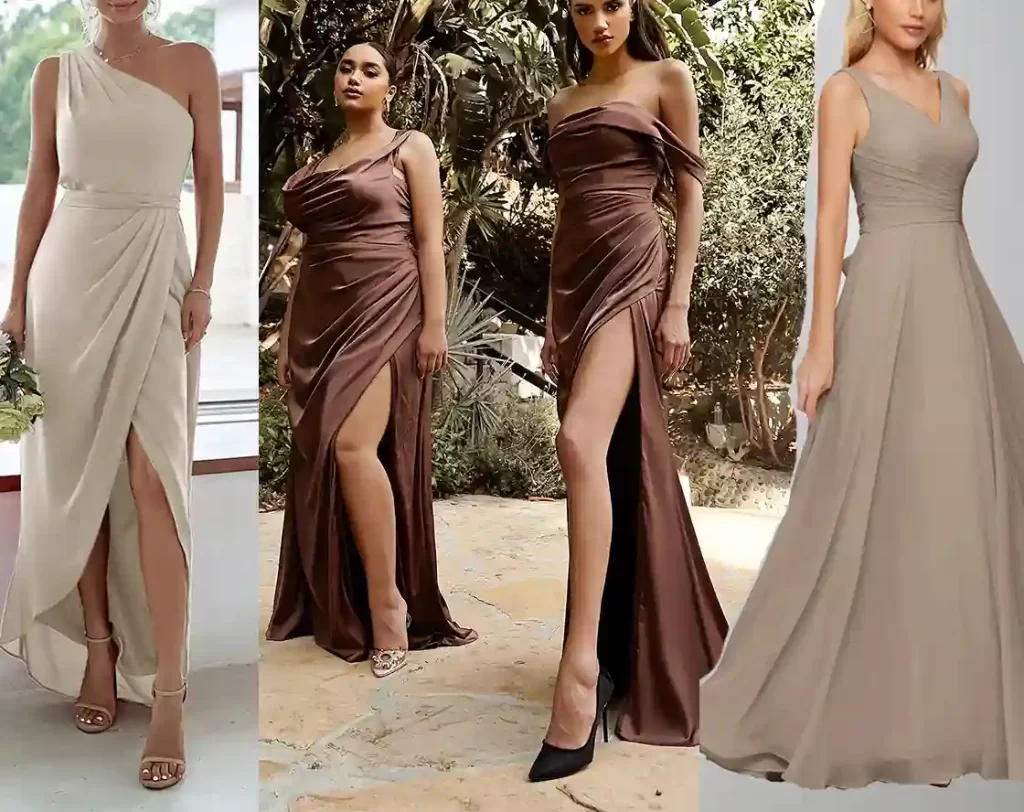 mix and match bridesmaid dress in mocha, taupe and tan color