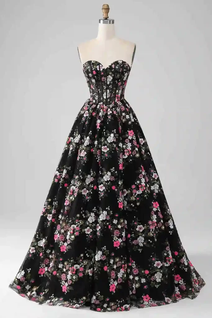 BLACK Floral Embellished Corst Prom Dress 683x1024