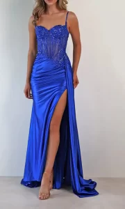 electric blue slit prom dress with sweep train