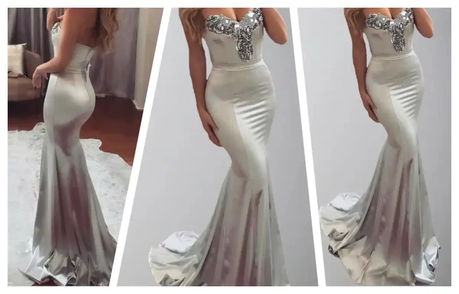 silver body hugging sequined wedding party dress