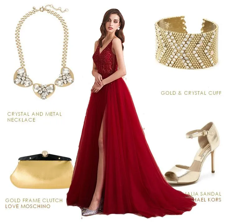 style the red sequined prom dress with gold accessories
