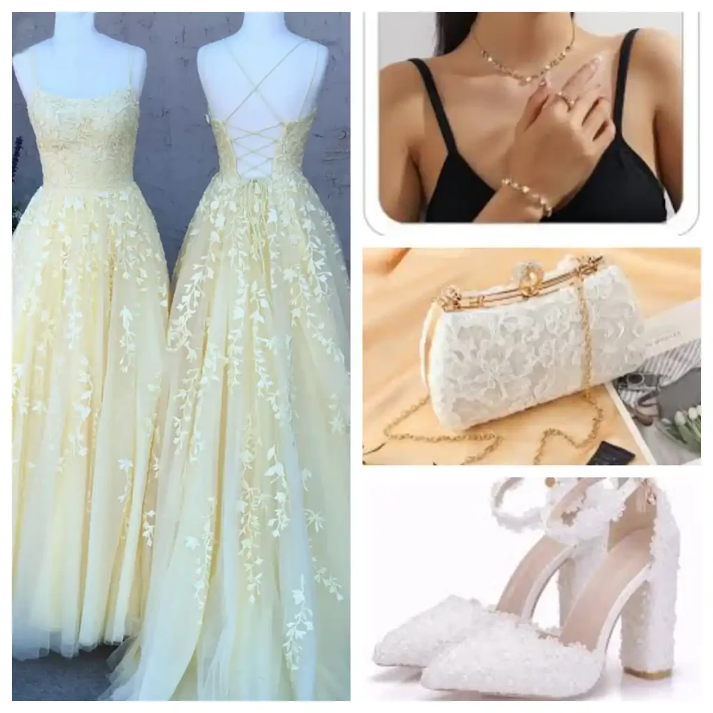 yellow appliqued strappy prom dress with simple gold jewelry white lace clutch and white high heels