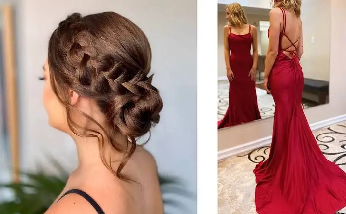 braid updo hairstyels for black prom dress with open back
