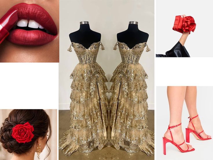 style up the golden prom gown with red accessories