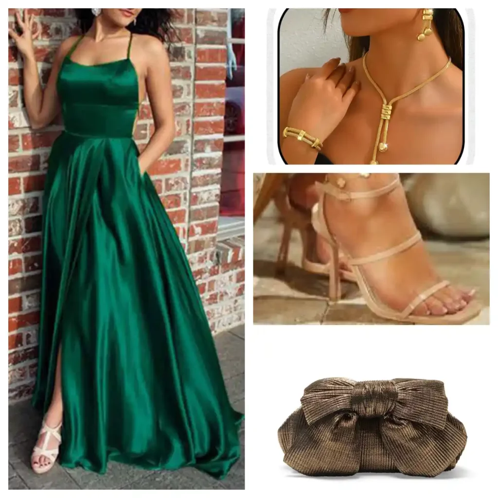 emerald green prom dress matches with gold jewery nue shoes and bronze clutch