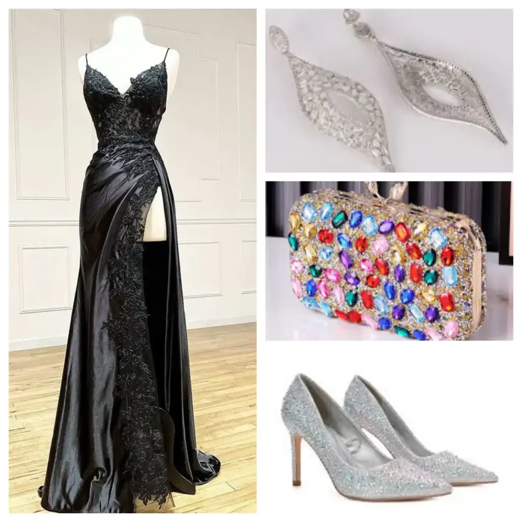 match the black prom dress with chandelier earrings colorful clutch and silver metallic shoes