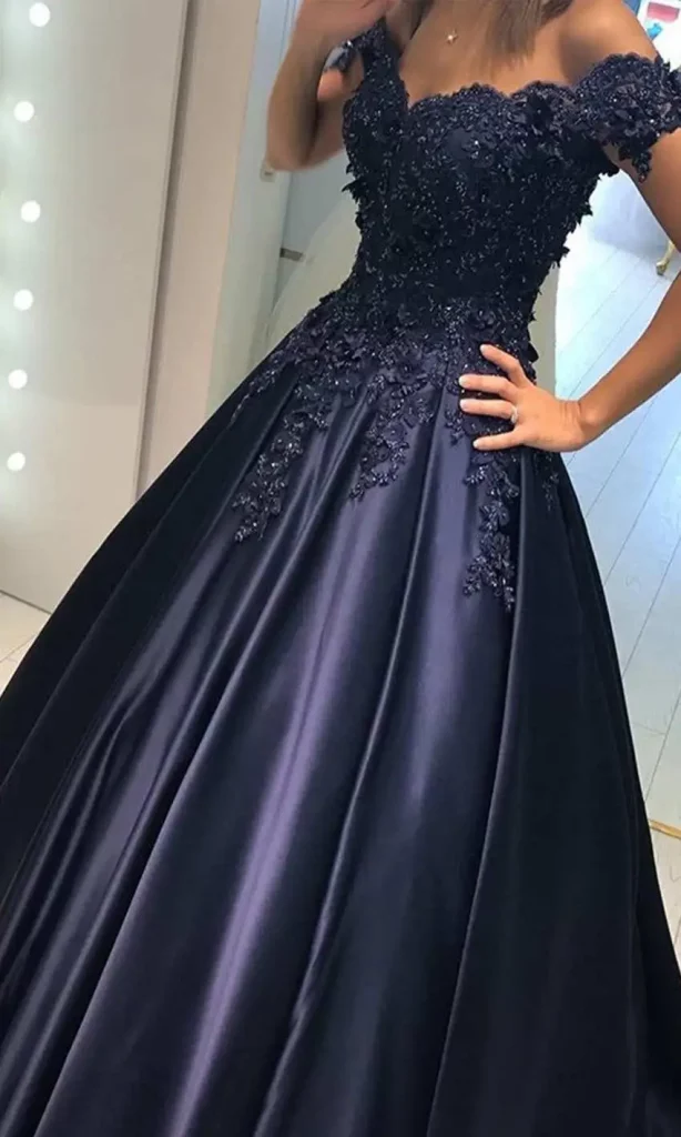 Navy off-the-shoulder lace corset ball gown (KSP530)