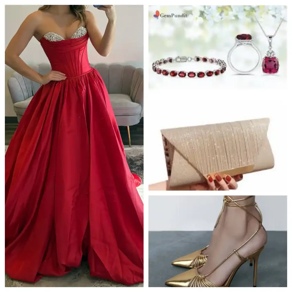 red prom gowns with ruby jewelry chamapgne handbag gold heels