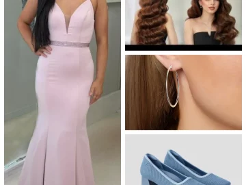 pink plunging fit and flare prom gown styling look