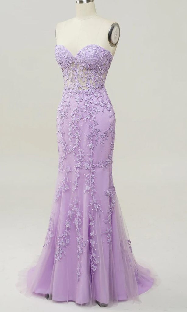 lilac mermaid prom dress with sheer bodice  for cool skin tones