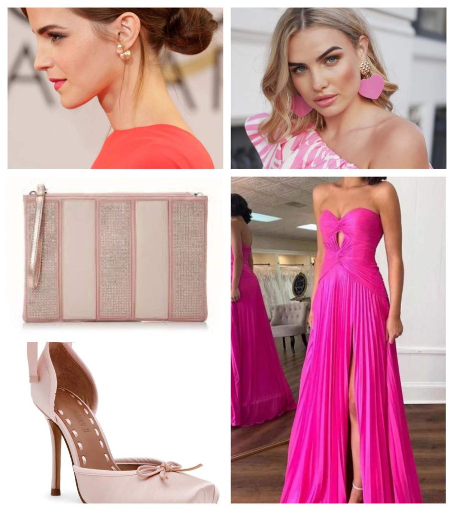 Hot pink strapless prom dress styled with gold rose heels and pink statement drop earrings