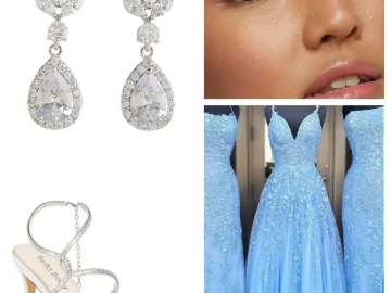 appliqued abd beaded light blue prom dress