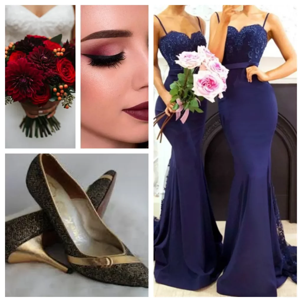 dramatic navy and burgundy wedding bridesmaids outfit ideas for autumn wedding