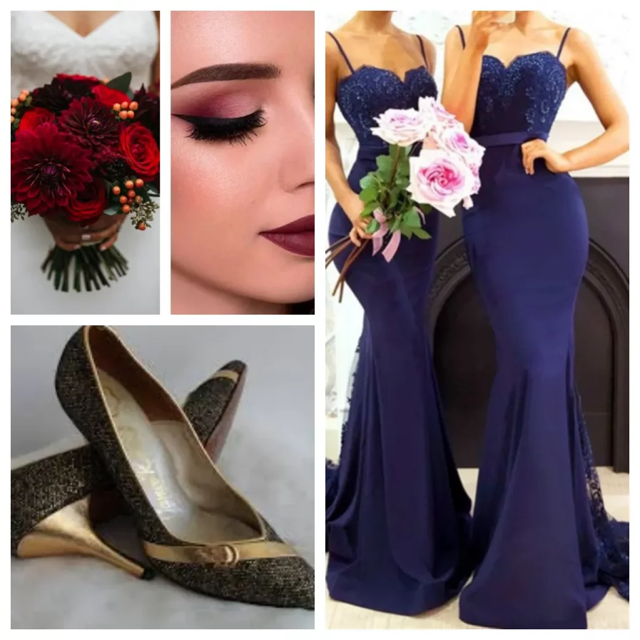 dramatic navy and burgundy wedding bridesmaid outfit ideas for fall wedding