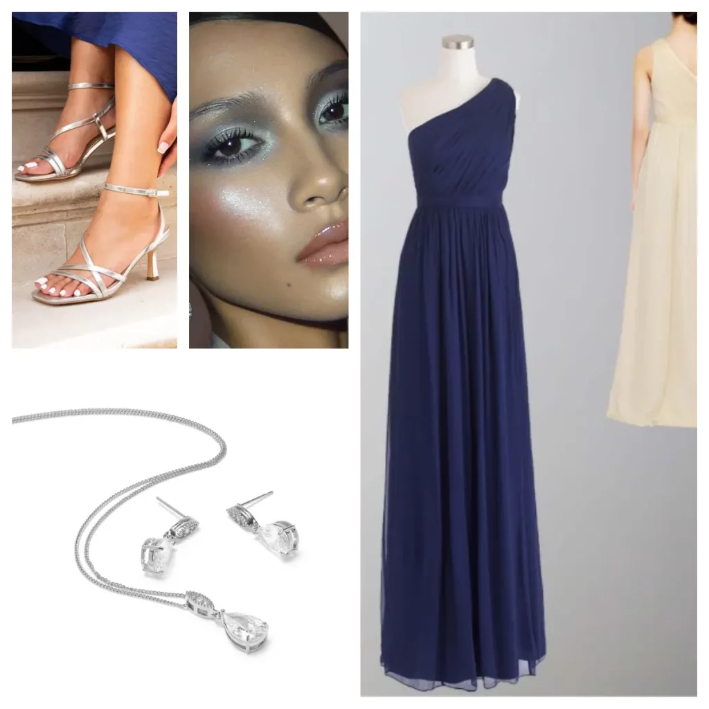minimal navy blue and silver wedding bridesmaid look for city wedding
