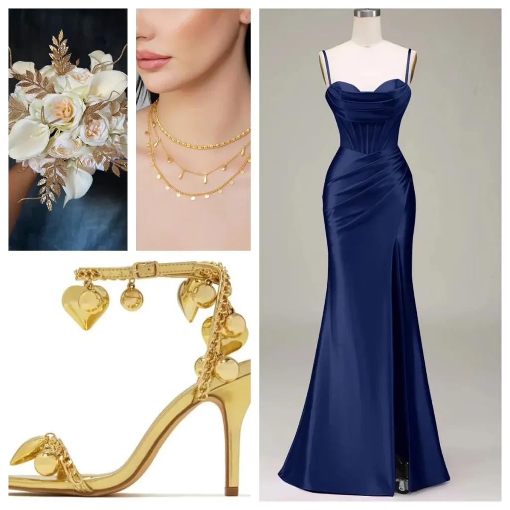 navy and gold bridesmaid look with navy satin bridesmaid dress and gold accessories for black-tie wedding