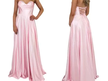 blush pink satin prom dress with corset bodice