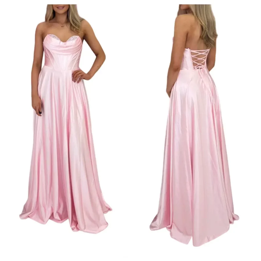 blush pink satin prom dress with corset bodice