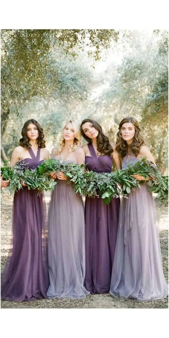 How Many Bridesmaid Dress Colors Should You Use? purple Tonal palettes mix and match bridesmaid dress