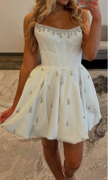 white short petite hoco dress with corset bodice and puff skirt