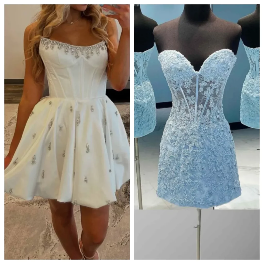 crisp white short homecoming dress and powder blue corset hoco dress for 2026 homecoming party