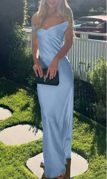 column silhouette prom dress with off-the-shoulder neckline empire waist
