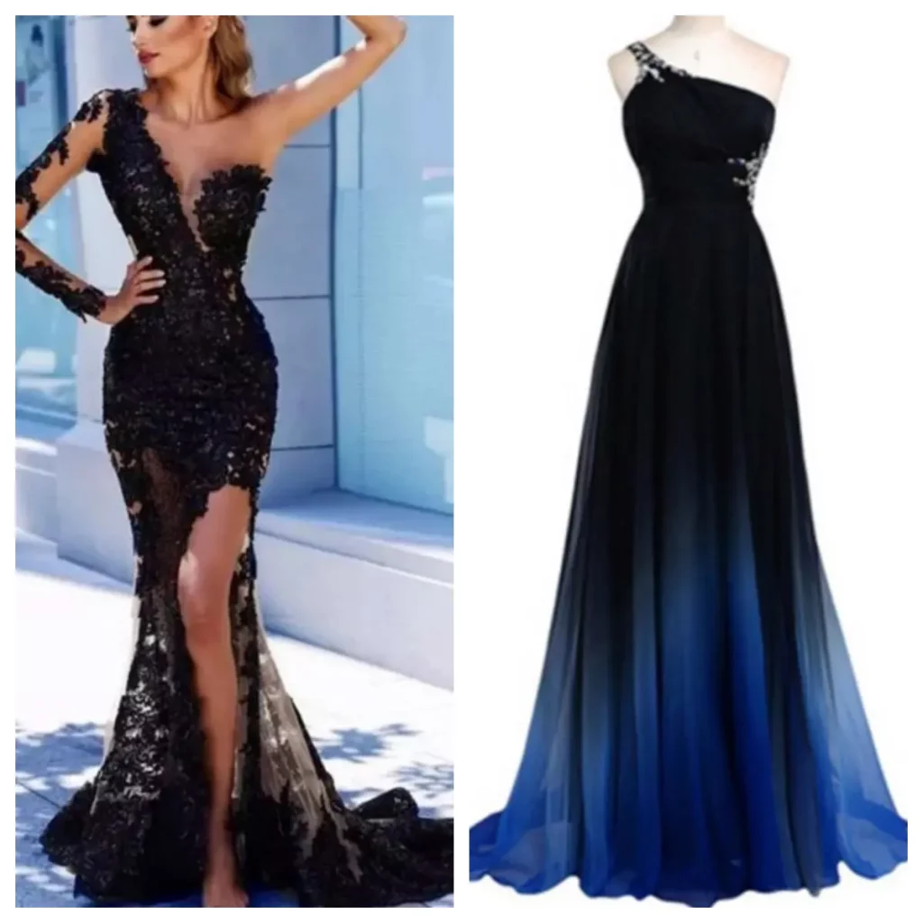 one shoulder prom dress styles include single strap or sleeve on one side of the body