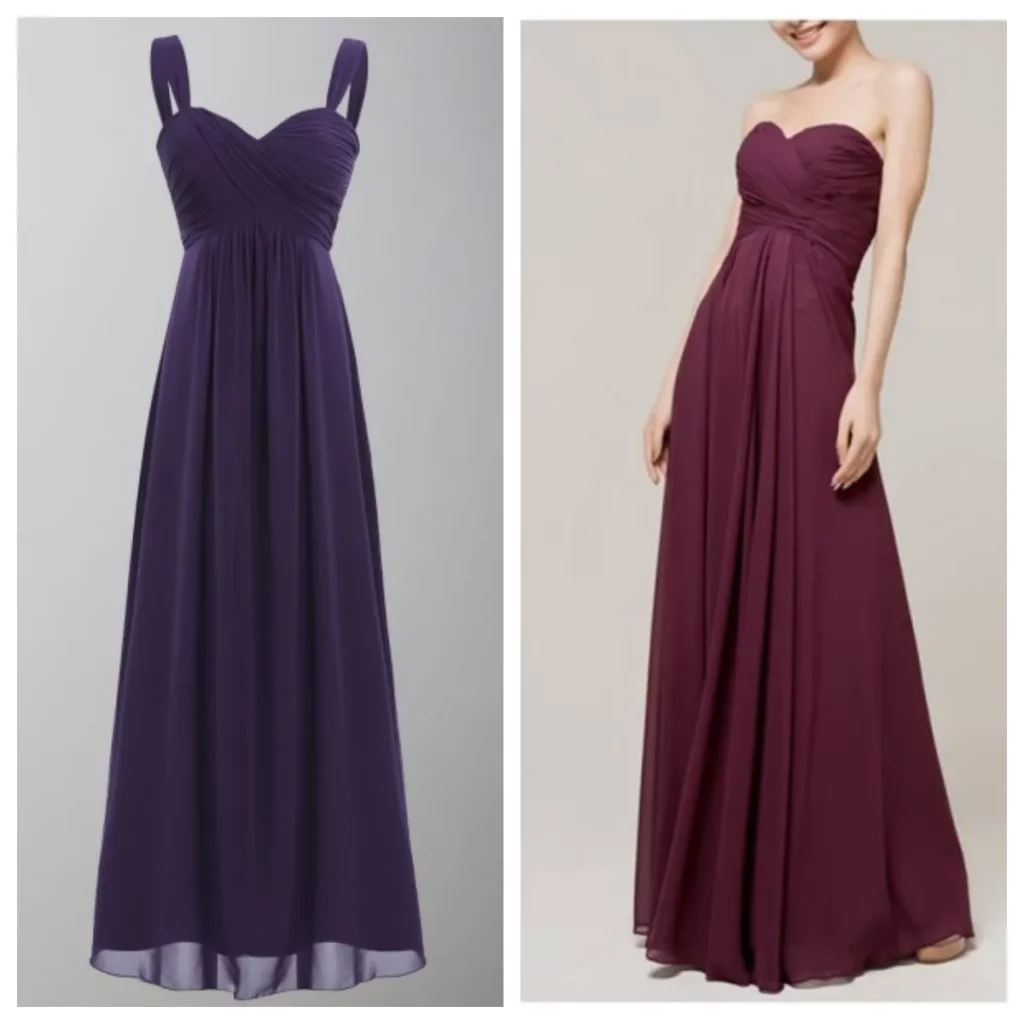 jewel toned plum and burgundy colored bridesmaid dresses mix and matched