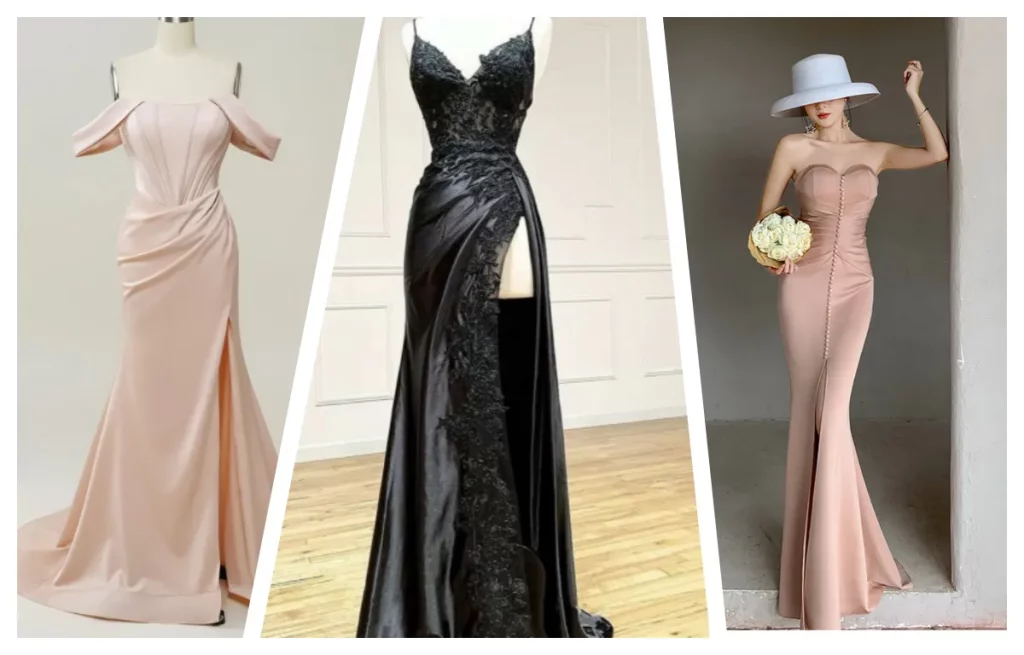 prom dress slit height guide showing mid-thigh slit thigh-high slit and knee-length slit