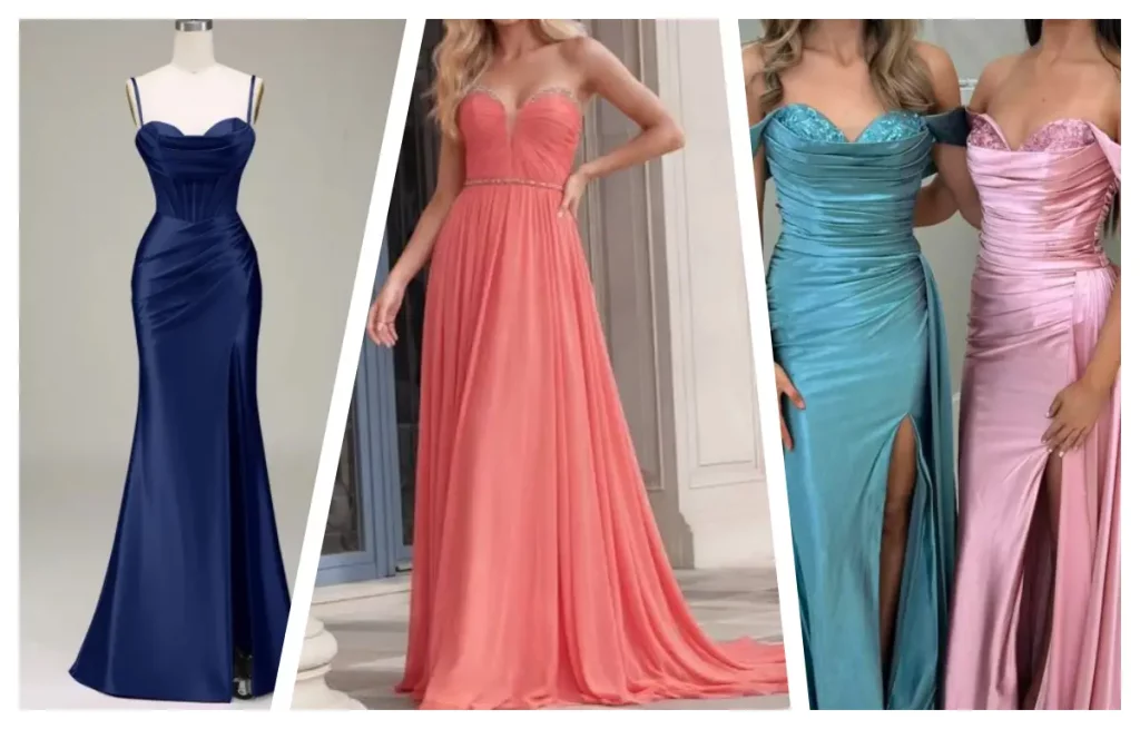 navy blue teal blue and coral pink prom dress for warm undertones