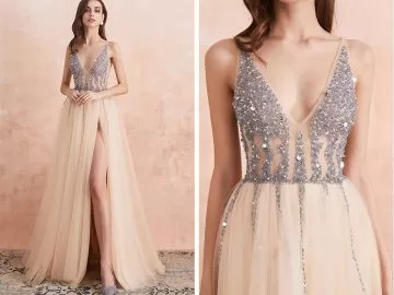 Sequined Deep V Neck Sheer Prom Dresses