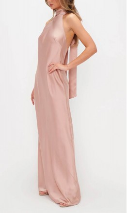 Blush Pink Satin Maxi Bridesmaid Dress with Bowknot Tie Halter Neck KSP676