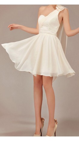 Flower Ornamented Single Shoulder Semi Short Bridesmaid Dress Champagne KSP013