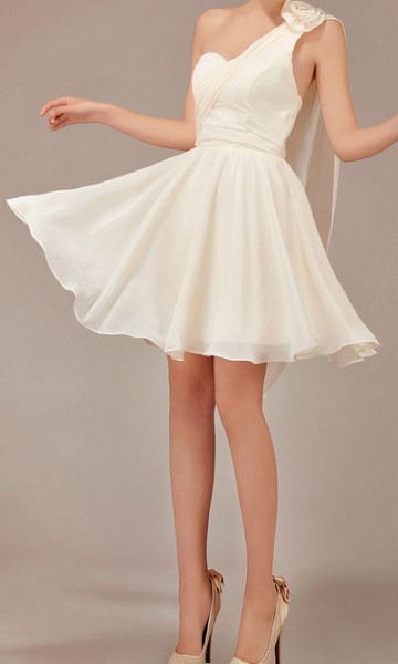 Flower Ornamented Single Shoulder Semi Short Bridesmaid Dress Champagne KSP013