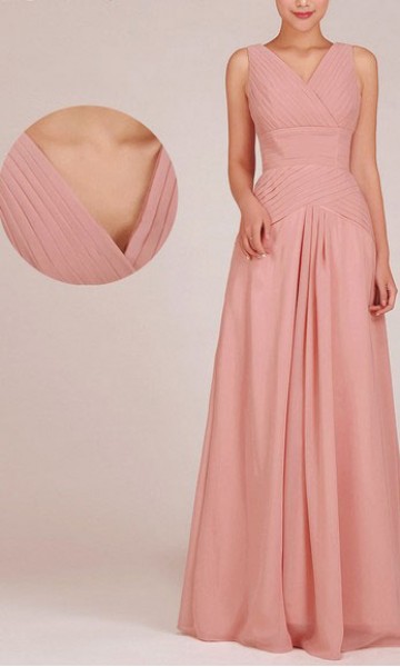 Decent Draped V-neck Long Dusty Pink Bridesmaid Dress KSP019