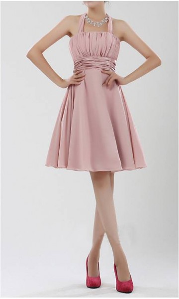 Dusty Pink Halter Neck Empire Waist Knee Length Bridesmaid Dress KSP043