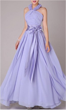 Romantic Flowery Halter Neck Long Lilac Bridesmaid Dress With Sash KSP080
