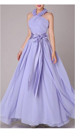 Romantic Flowery Halter Neck Long Lilac Bridesmaid Dress With Sash KSP080