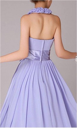 Romantic Flowery Halter Neck Long Lilac Bridesmaid Dress With Sash KSP080