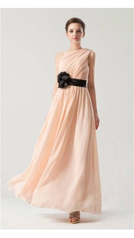 Pink One Shoulder Long Chiffon Bridesmaid Dress with Belt KSP167