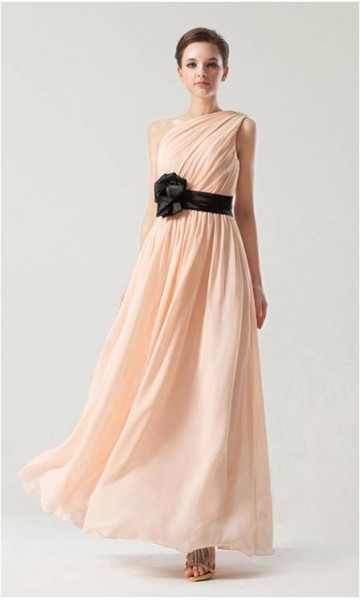 Pink One Shoulder Long Chiffon Bridesmaid Dress 
