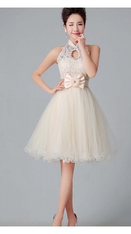 Short Lace Bridesmaid Dresses High Keyhole Neck KSP431