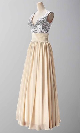 Long light champagne chiffon bridesmaid dress with supportive tank straps and V-neck KSP457